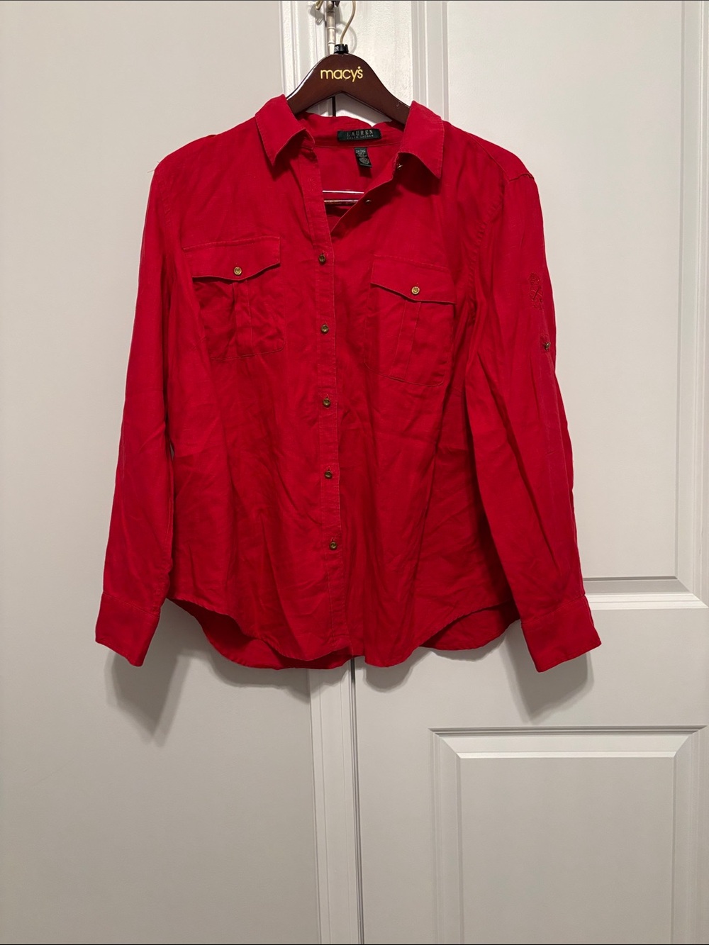 Lauren Ralph Lauren 100% Linen Red Button Down Blouse 2X Brass/Gold Buttons